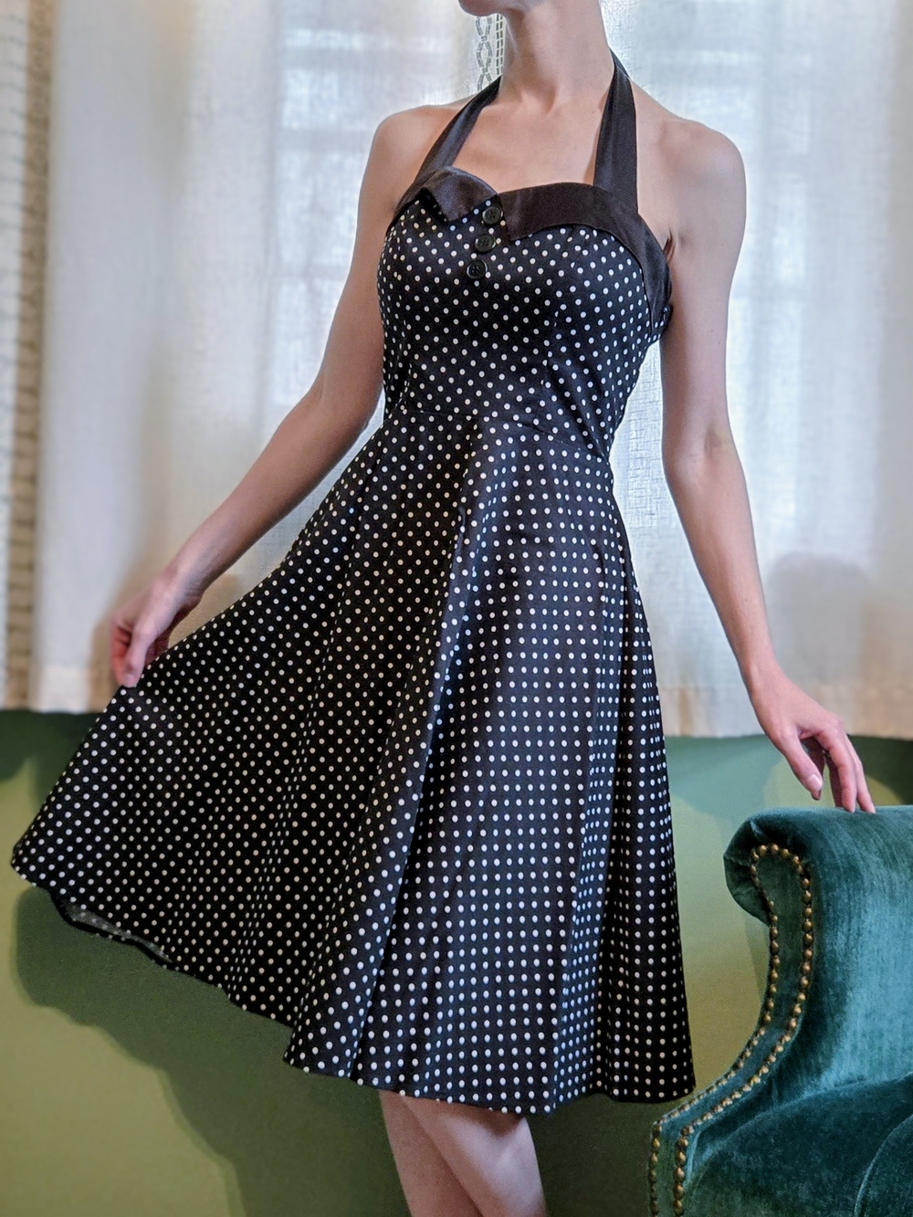 Classic Black Polka Dot Halter Dress - Retro Fit & Flare